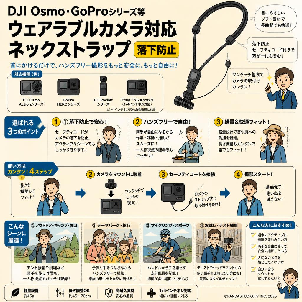DJI Osmo Goproシリーズ等ウェアラブルカメラ対応 ネックストラップ 落下防止 おもな対象のお客様