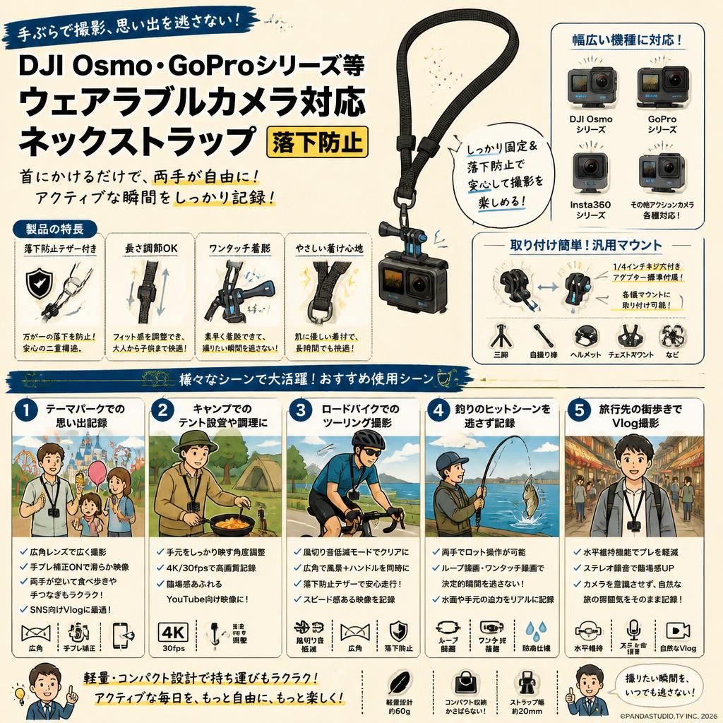 DJI Osmo Goproシリーズ等ウェアラブルカメラ対応 ネックストラップ 落下防止 用途