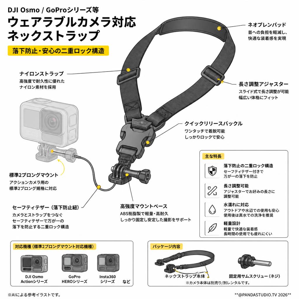 DJI Osmo Goproシリーズ等ウェアラブルカメラ対応 ネックストラップ 落下防止 スペック