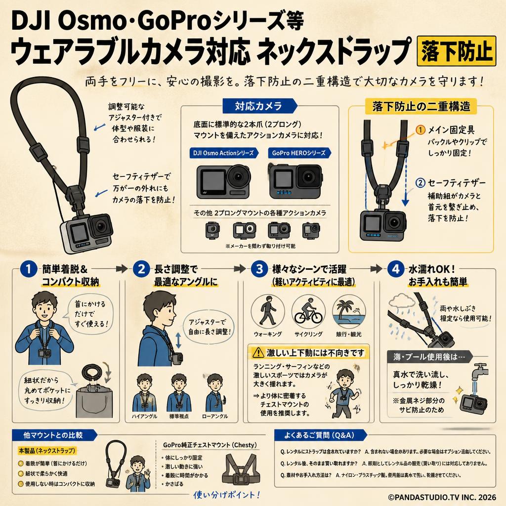 DJI Osmo Goproシリーズ等ウェアラブルカメラ対応 ネックストラップ 落下防止 FAQ（よくある質問と答え）