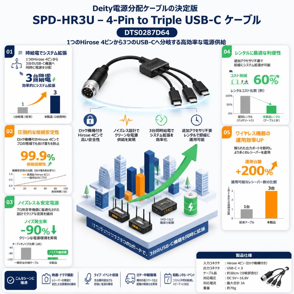 Deity Microphones SPD-HR3U - 4-Pin to Triple USB-C ケーブル DTS0287D64 セールスポイント