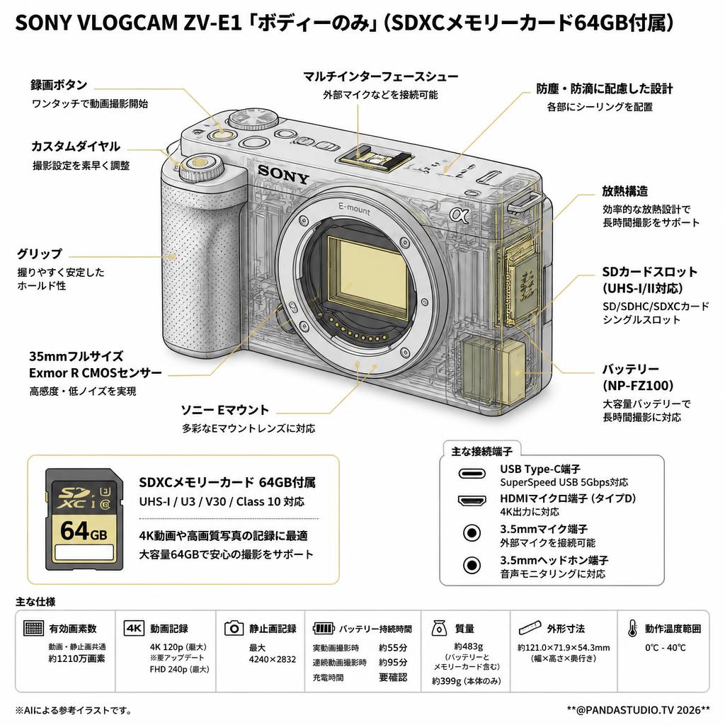 SONY VLOGCAM ZV-E1「ボディーのみ」(SDXCメモリーカード64GB付属) スペック