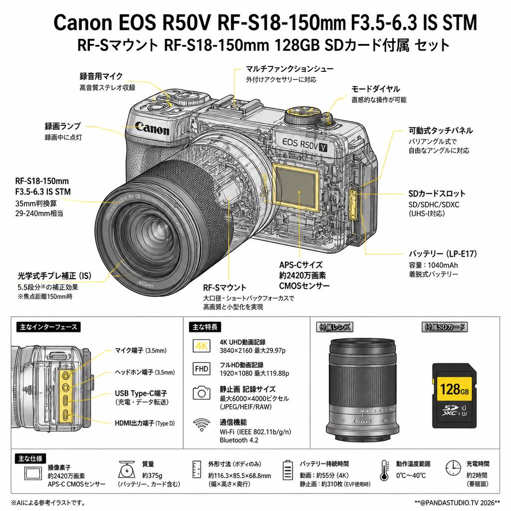 Canon EOS R50V RF-S18-150mm F3.5-6.3 IS STM RF-Sマウント RF-S18-150mm 128GB SDカード付属 セット スペック