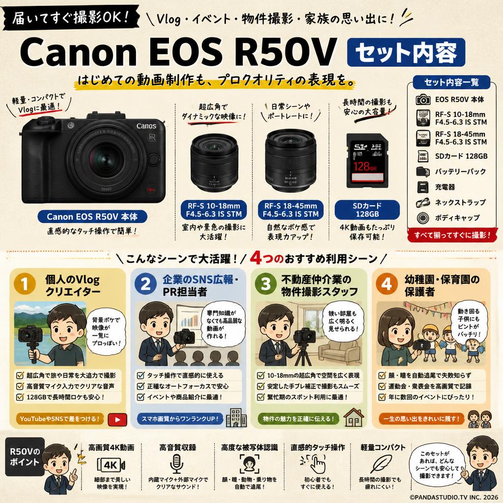 Canon EOS R50V SDカード 10-18mm 18mm-45mm RFマウント 128GB SDカード 付属 セット おもな対象のお客様