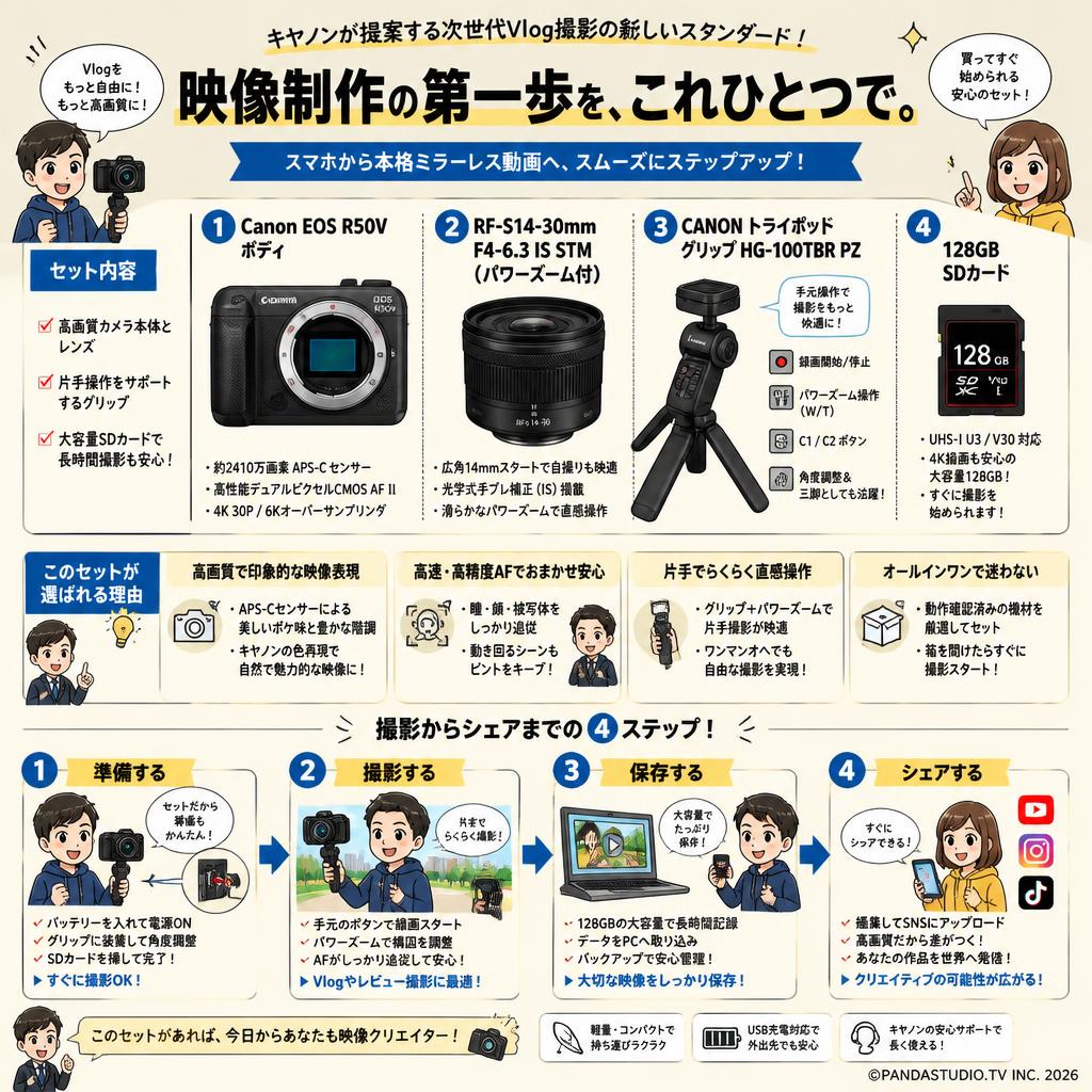 Canon EOS R50V RF-S14-30mm F4-6.3 IS STM（パワーズーム付） CANONトライポッドグリップ HG-100TBR PZ 128GB SDカード付属 セット 概要