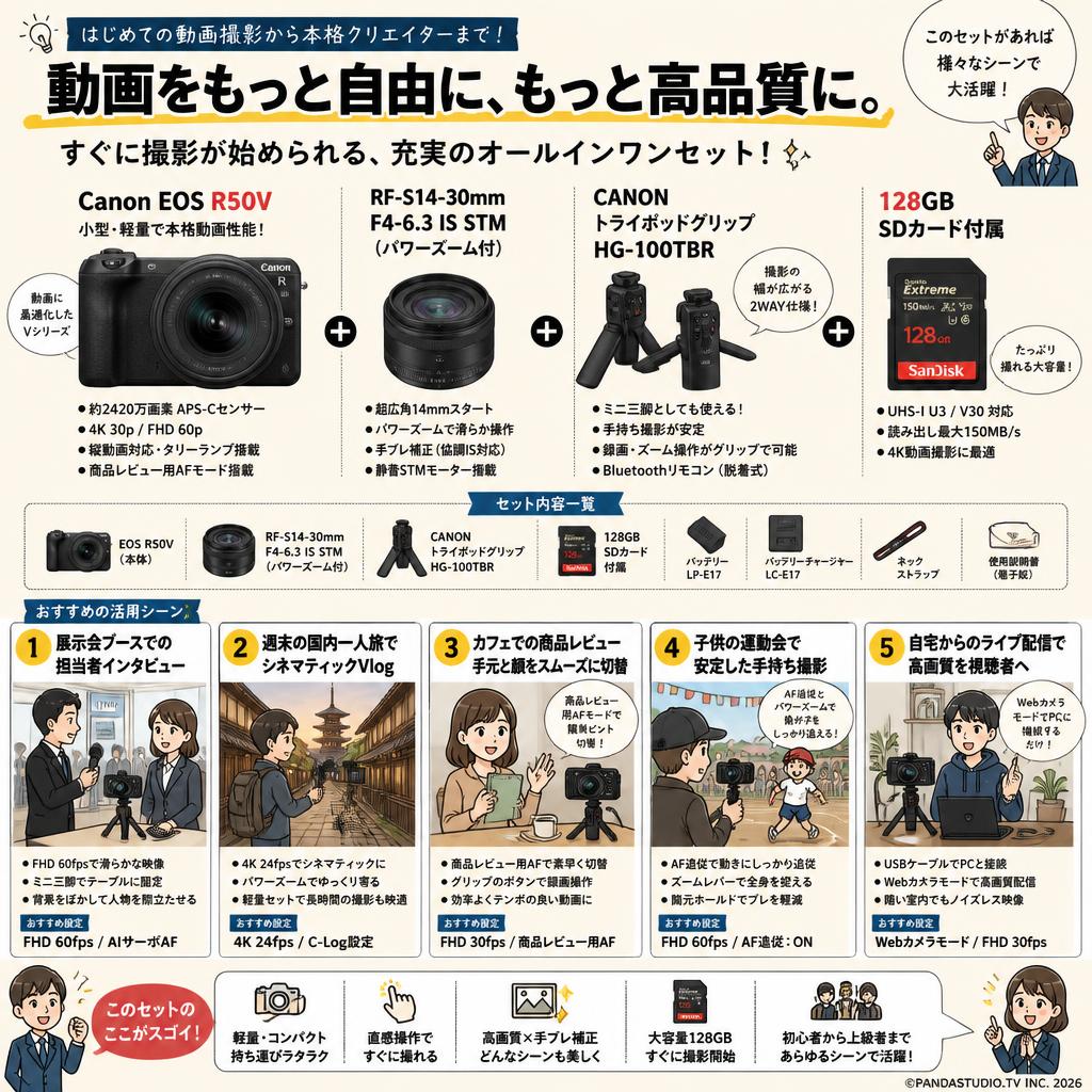 Canon EOS R50V RF-S14-30mm F4-6.3 IS STM（パワーズーム付） CANONトライポッドグリップ HG-100TBR PZ 128GB SDカード付属 セット 用途