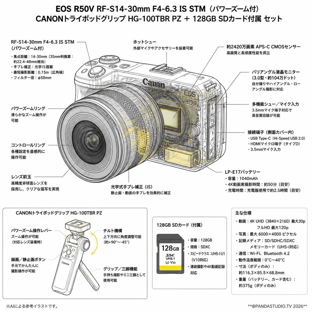 Canon EOS R50V RF-S14-30mm F4-6.3 IS STM（パワーズーム付） CANONトライポッドグリップ HG-100TBR PZ 128GB SDカード付属 セット スペック