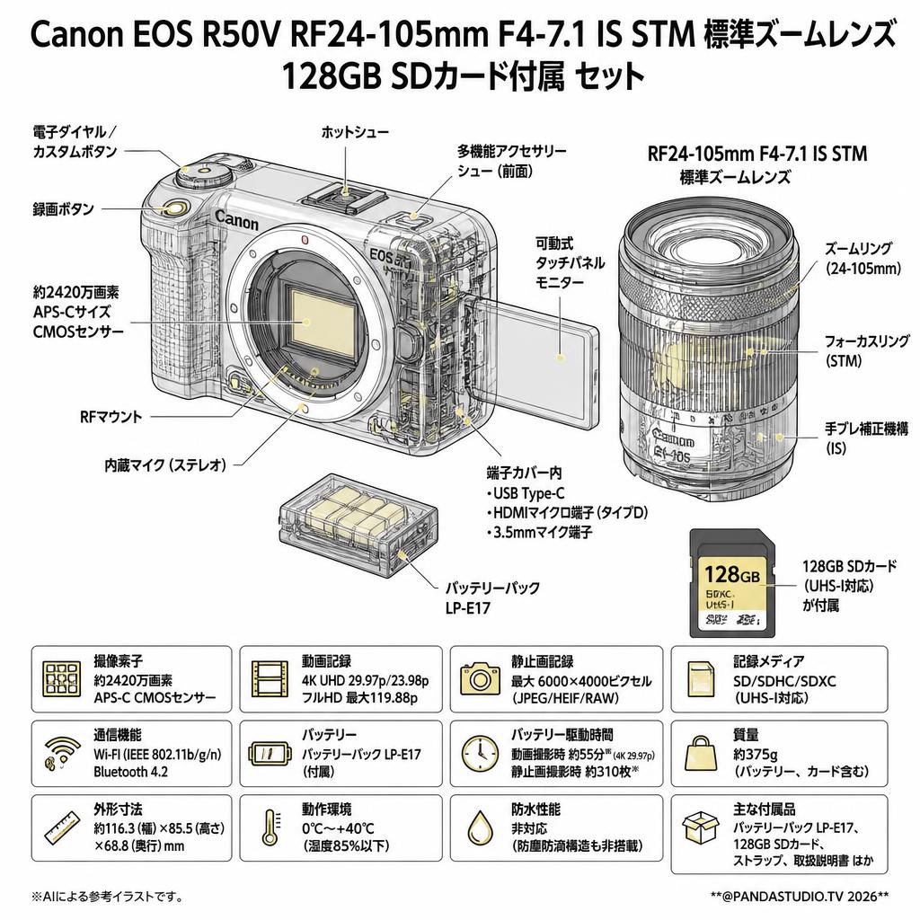 Canon EOS R50V RF24-105mm F4-7.1 IS STM 標準ズームレンズ 128GB SDカード付属 セット スペック