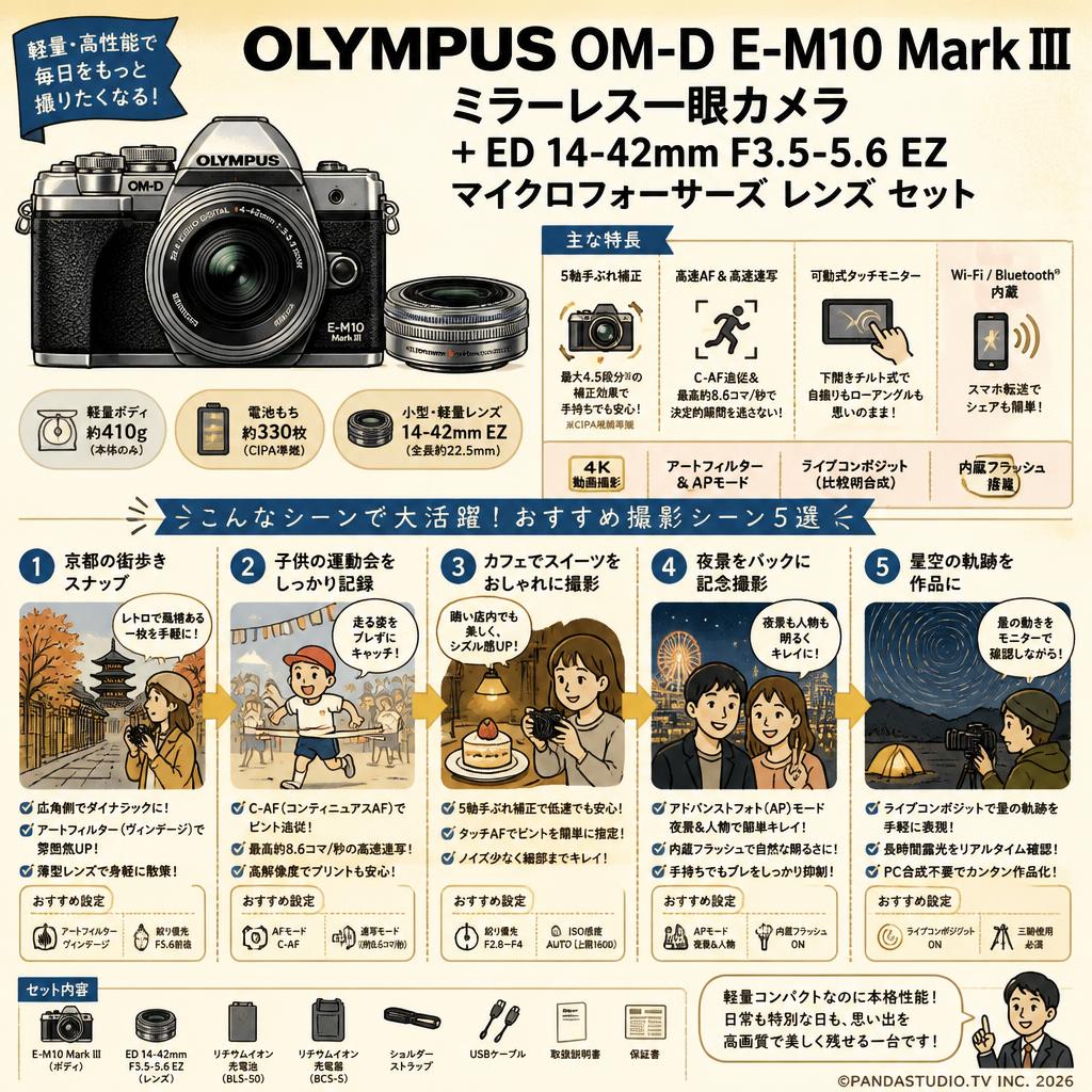 OLYMPUS OM-D E-M10 Mark III ミラーレス一眼カメラ + ED 14-42mm F3.5-5.6 EZ マイクロフォーサーズ レンズ セット 用途