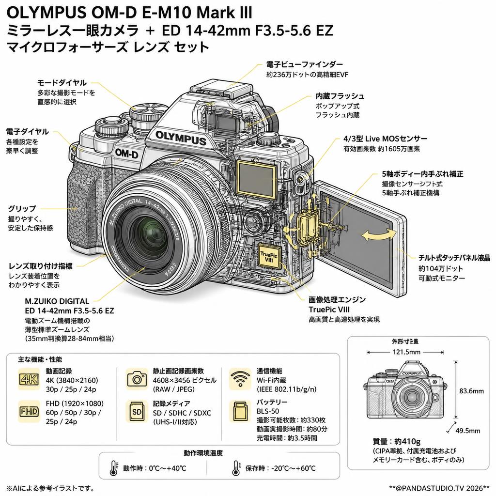 OLYMPUS OM-D E-M10 Mark III ミラーレス一眼カメラ + ED 14-42mm F3.5-5.6 EZ マイクロフォーサーズ レンズ セット スペック