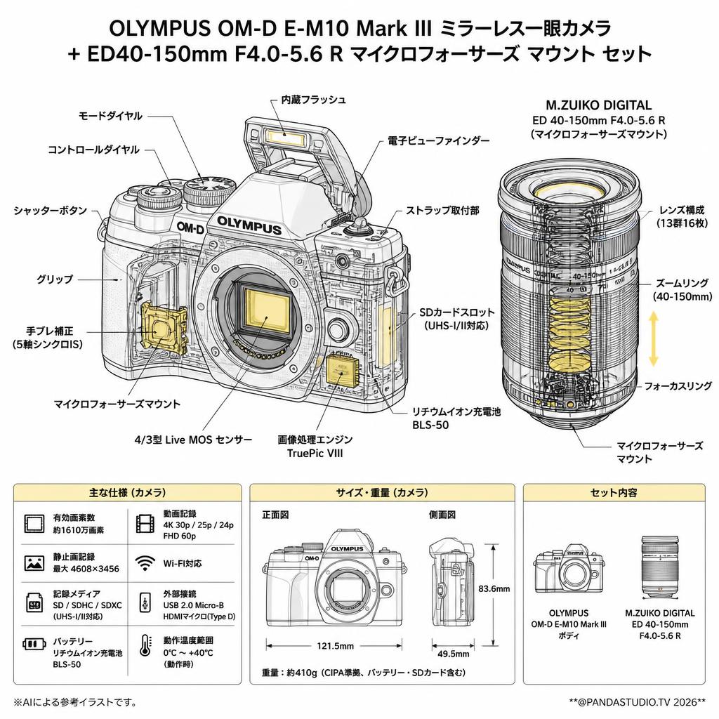 OLYMPUS OM-D E-M10 Mark III ミラーレス一眼カメラ + ED40-150mm F4.0-5.6 Rマイクロフォーサーズ マウント セット スペック