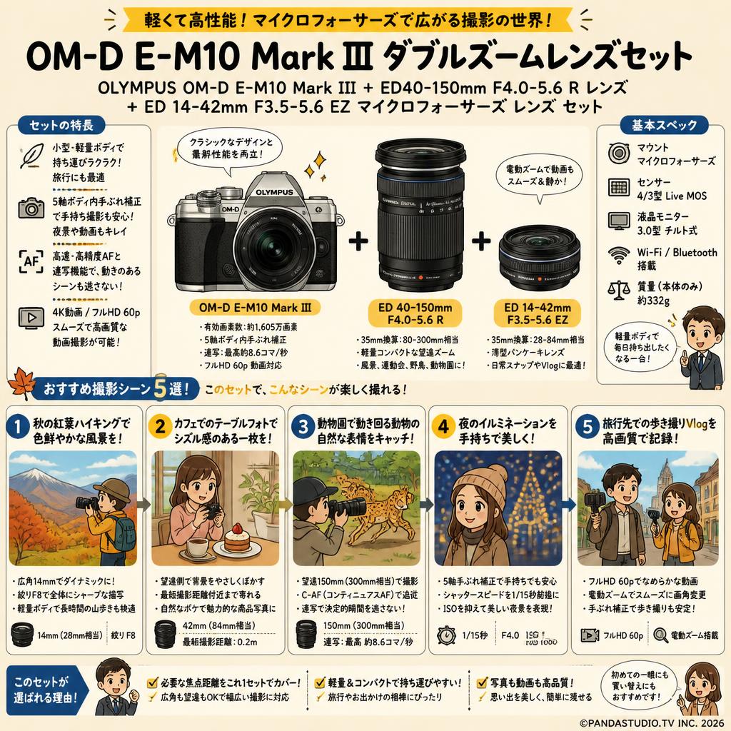 OLYMPUS OM-D E-M10 Mark III + ED40-150mm F4.0-5.6 R レンズ + ED 14-42mm F3.5-5.6 EZ マイクロフォーサーズ レンズ セット 用途