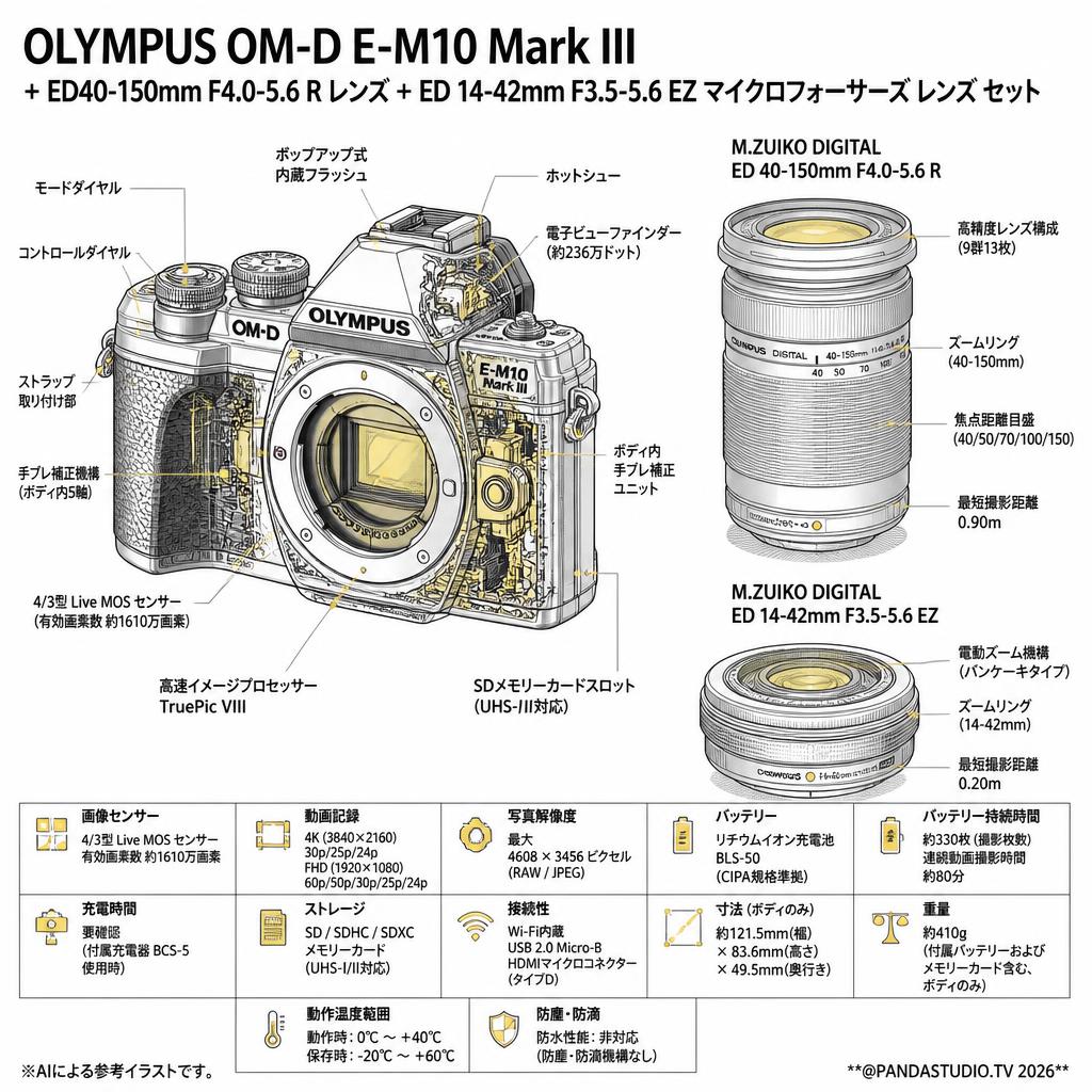 OLYMPUS OM-D E-M10 Mark III + ED40-150mm F4.0-5.6 R レンズ + ED 14-42mm F3.5-5.6 EZ マイクロフォーサーズ レンズ セット スペック