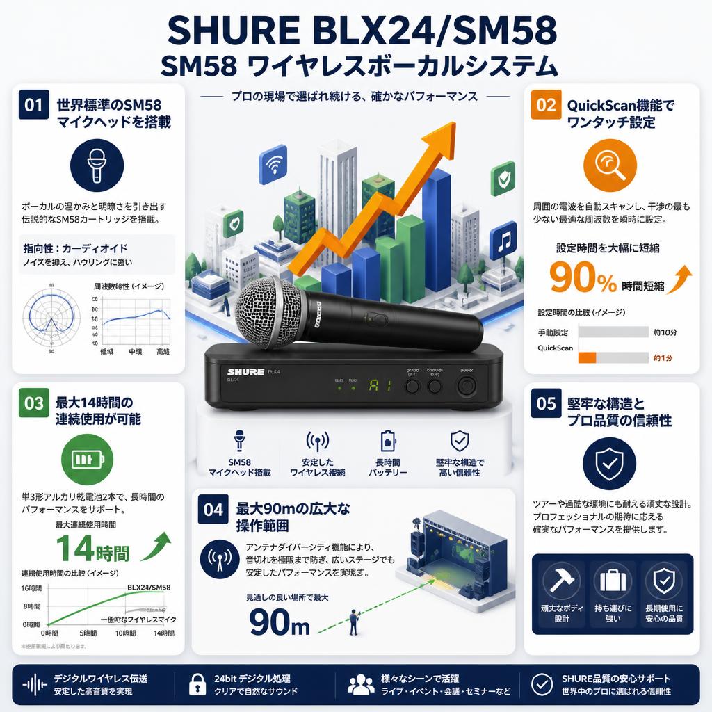 SHURE BLX24/SM58 SM58 ワイヤレスボーカルシステム セールスポイント