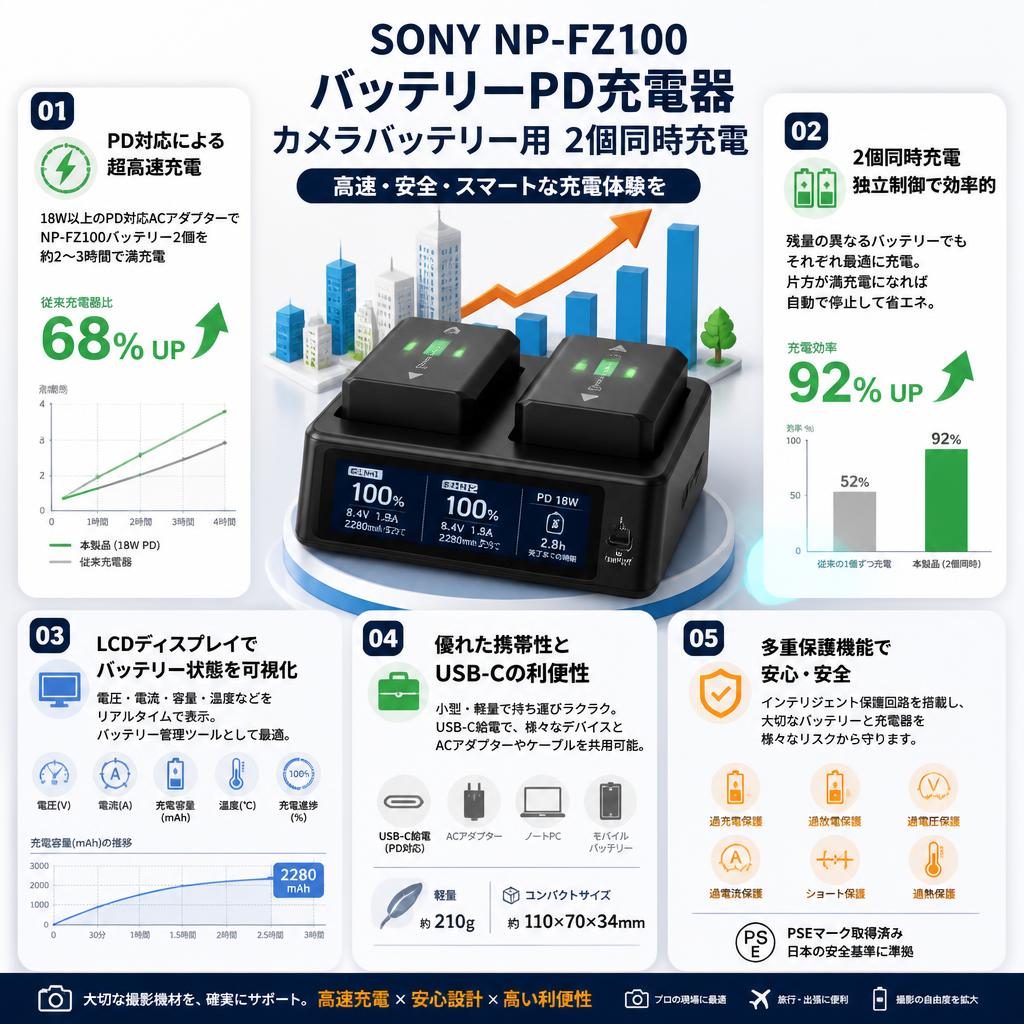 SONY NP-FZ100 バッテリーPD充電器 カメラバッテリー用 2個同時充電 セールスポイント