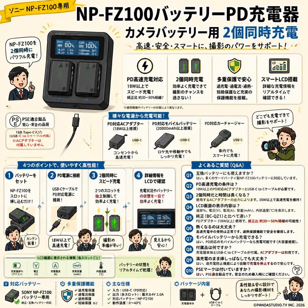 SONY NP-FZ100 バッテリーPD充電器 カメラバッテリー用 2個同時充電 FAQ（よくある質問と答え）