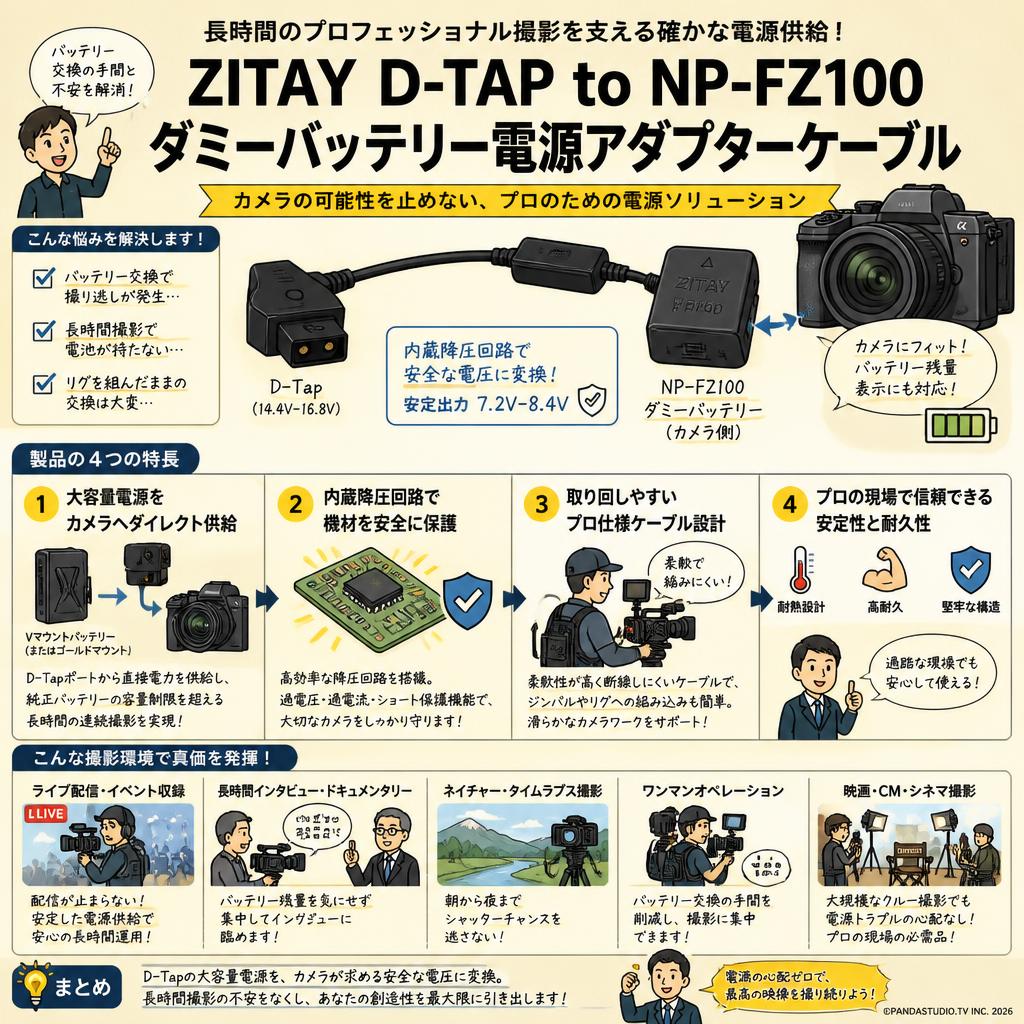 ZITAY D‑TAP to NP‑FZ100 ダミーバッテリー電源アダプターケーブル 概要