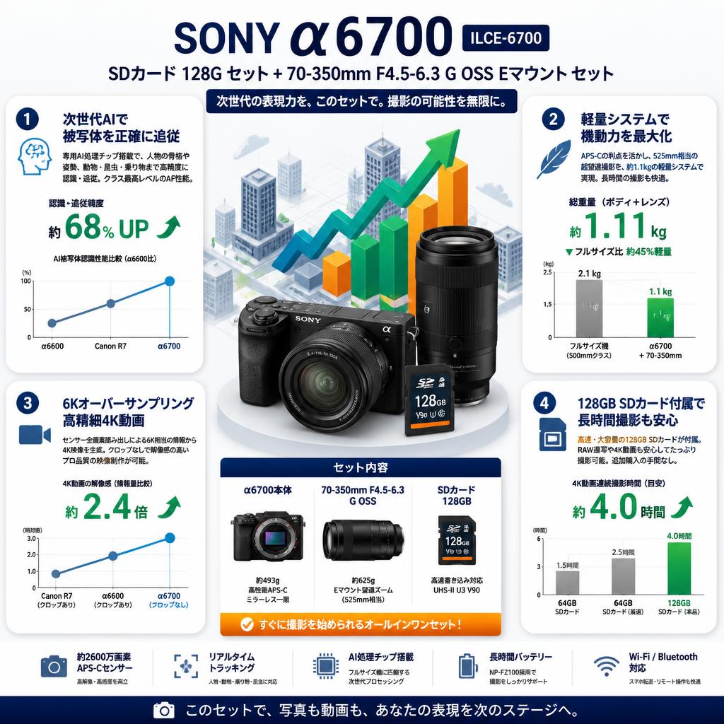 SONY α6700ILCE-6700  SDカード 128G セット+70-350mm F4.5-6.3 G OSS  Eマウント セット セールスポイント