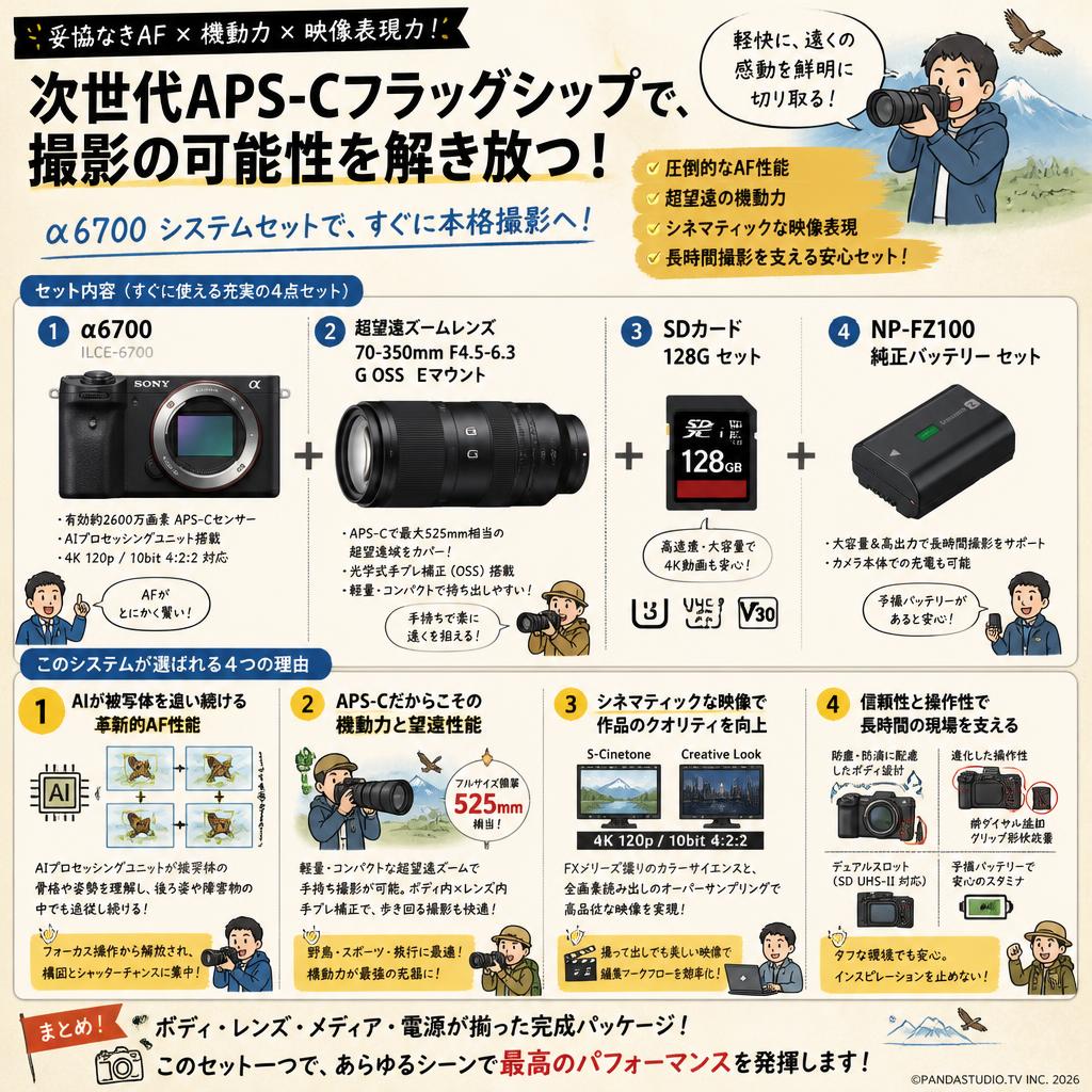SONY α6700ILCE-6700  SDカード 128G セット+ 70-350mm F4.5-6.3 G OSS  Eマウント+ NP-FZ100 純正バッテリー セット 概要