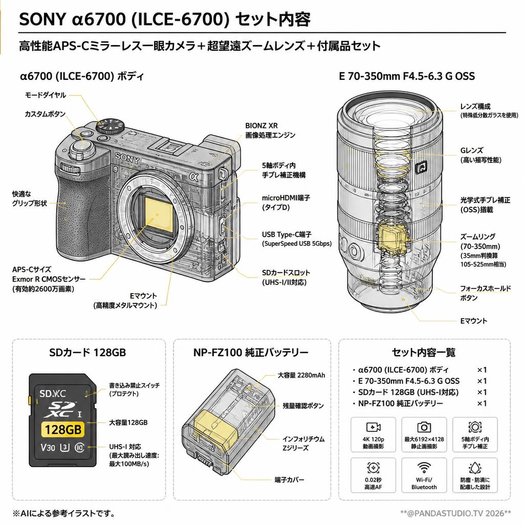 SONY α6700ILCE-6700  SDカード 128G セット+ 70-350mm F4.5-6.3 G OSS  Eマウント+ NP-FZ100 純正バッテリー セット スペック