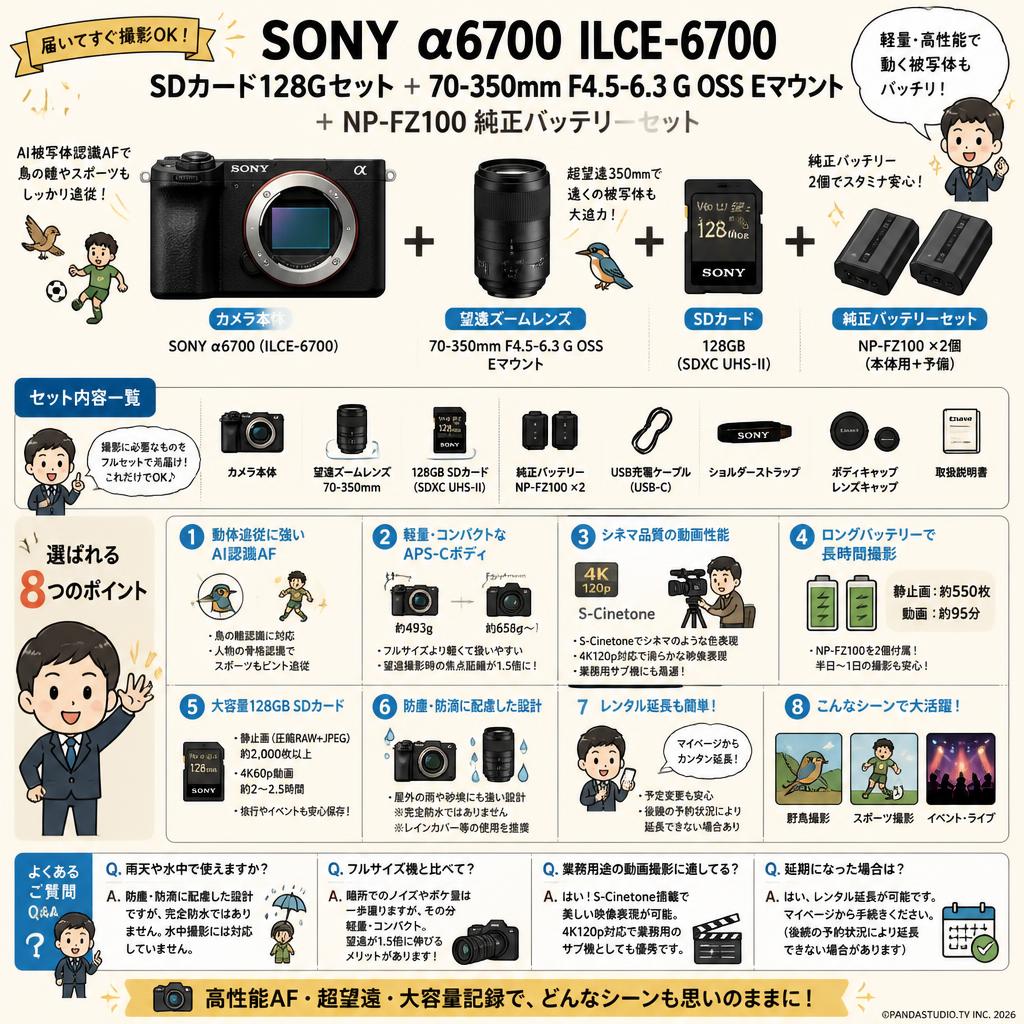 SONY α6700ILCE-6700  SDカード 128G セット+ 70-350mm F4.5-6.3 G OSS  Eマウント+ NP-FZ100 純正バッテリー セット FAQ（よくある質問と答え）