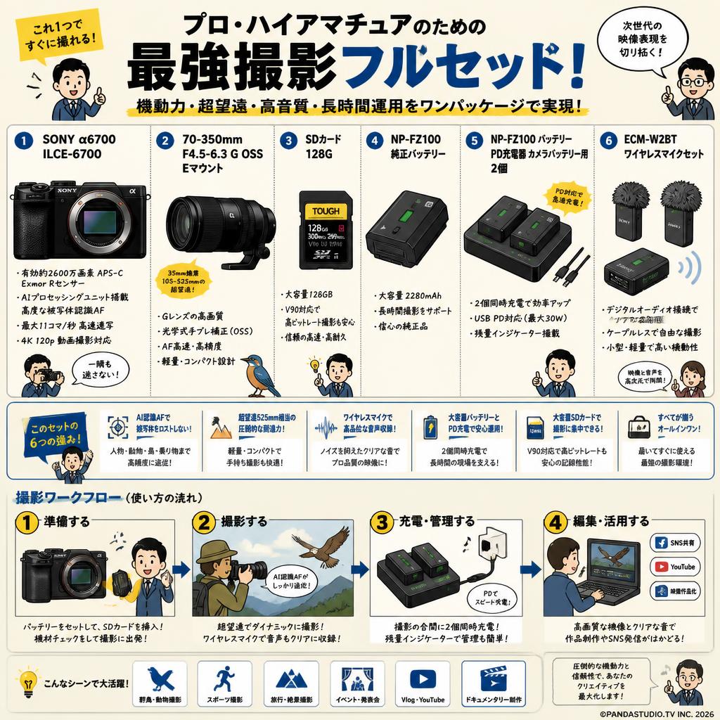 SONY α6700ILCE-6700  SDカード 128G セット+ 70-350mm F4.5-6.3 G OSS  Eマウント+ NP-FZ100 純正バッテリー +NP-FZ100 バッテリーPD充電器 カメラバッテリー用 2個+ ECM-W2BT ワイヤレスマイクセット 概要