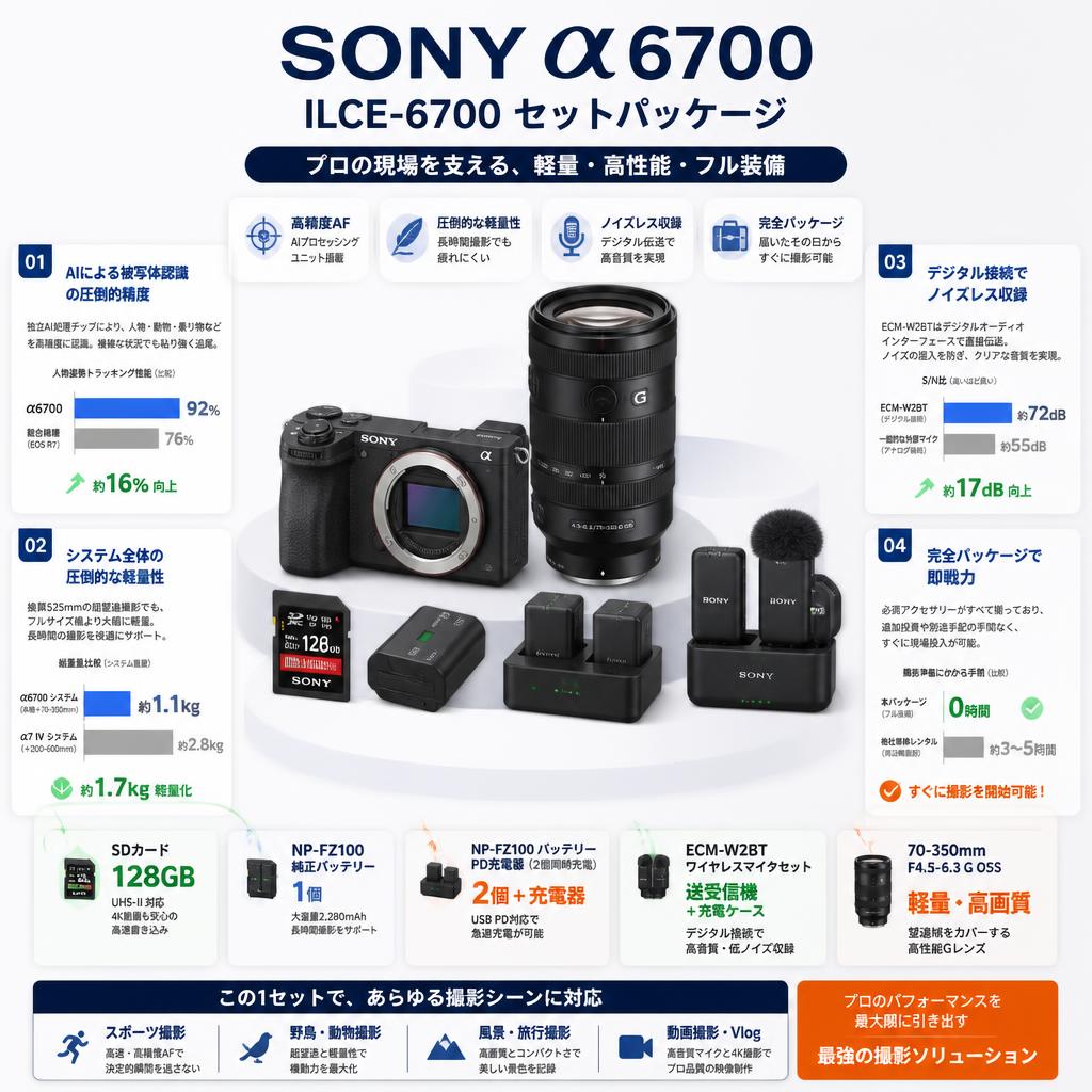 SONY α6700ILCE-6700  SDカード 128G セット+ 70-350mm F4.5-6.3 G OSS  Eマウント+ NP-FZ100 純正バッテリー +NP-FZ100 バッテリーPD充電器 カメラバッテリー用 2個+ ECM-W2BT ワイヤレスマイクセット セールスポイント