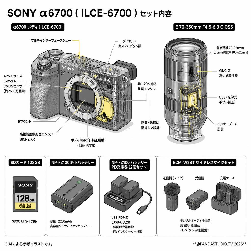 SONY α6700ILCE-6700  SDカード 128G セット+ 70-350mm F4.5-6.3 G OSS  Eマウント+ NP-FZ100 純正バッテリー +NP-FZ100 バッテリーPD充電器 カメラバッテリー用 2個+ ECM-W2BT ワイヤレスマイクセット スペック