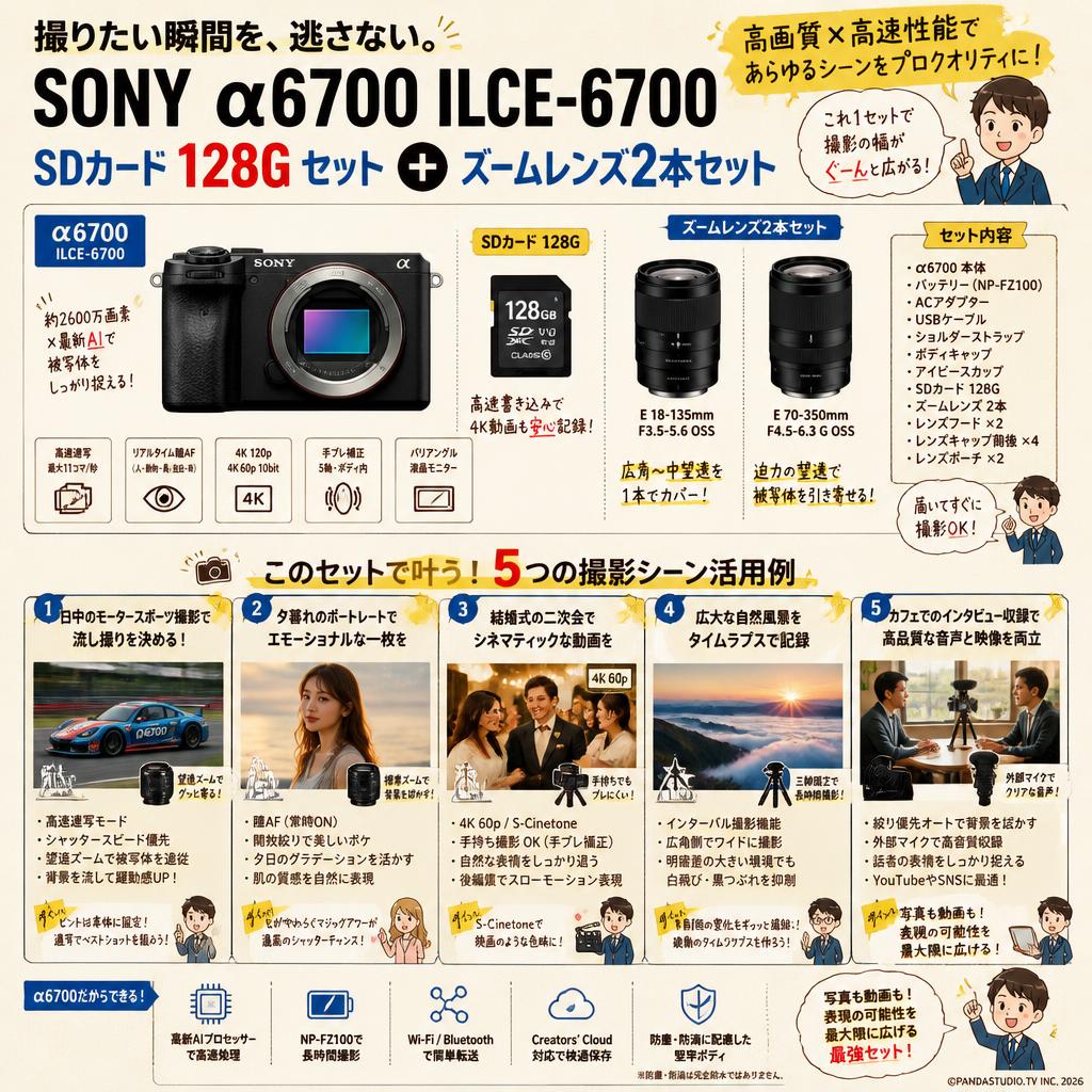 SONY α6700ILCE-6700  SDカード 128G セット +  ズームレンズ2本セット 用途