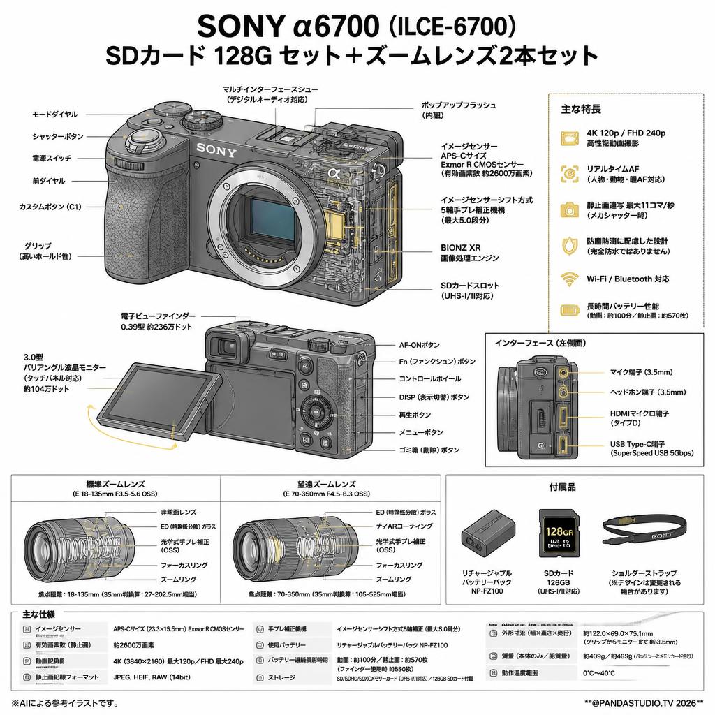 SONY α6700ILCE-6700  SDカード 128G セット +  ズームレンズ2本セット スペック
