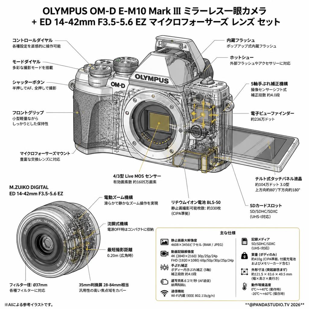 OLYMPUS OM-D E-M10 Mark III ミラーレス一眼カメラ + ED 14-42mm F3.5-5.6 EZ マイクロフォーサーズ レンズ セット スペック