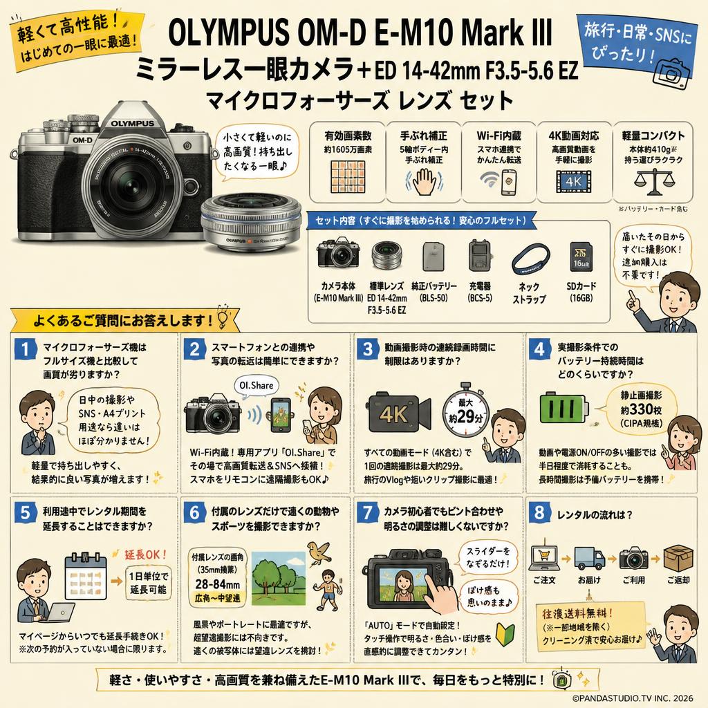 OLYMPUS OM-D E-M10 Mark III ミラーレス一眼カメラ + ED 14-42mm F3.5-5.6 EZ マイクロフォーサーズ レンズ セット FAQ（よくある質問と答え）
