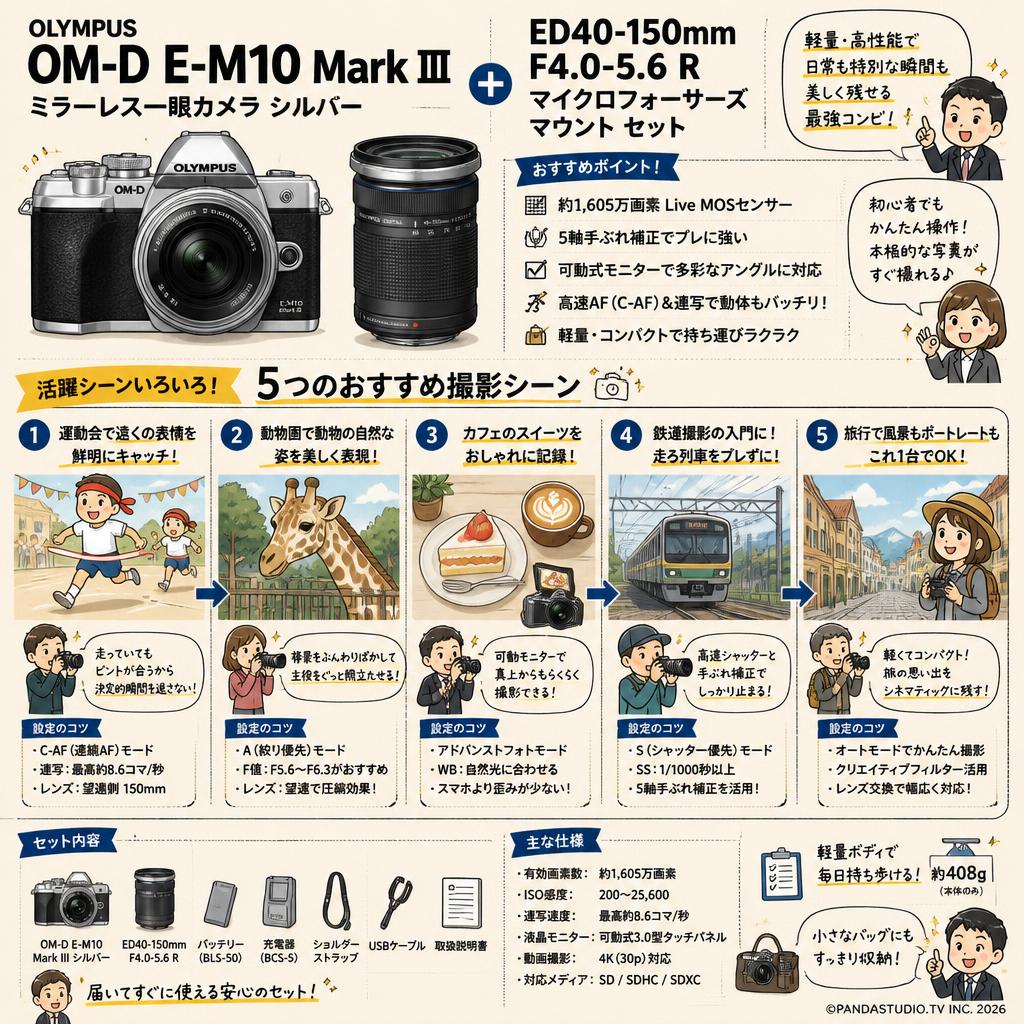 OLYMPUS OM-D E-M10 Mark III ミラーレス一眼カメラ シルバー + ED40-150mm F4.0-5.6 Rマイクロフォーサーズ マウント セット 用途
