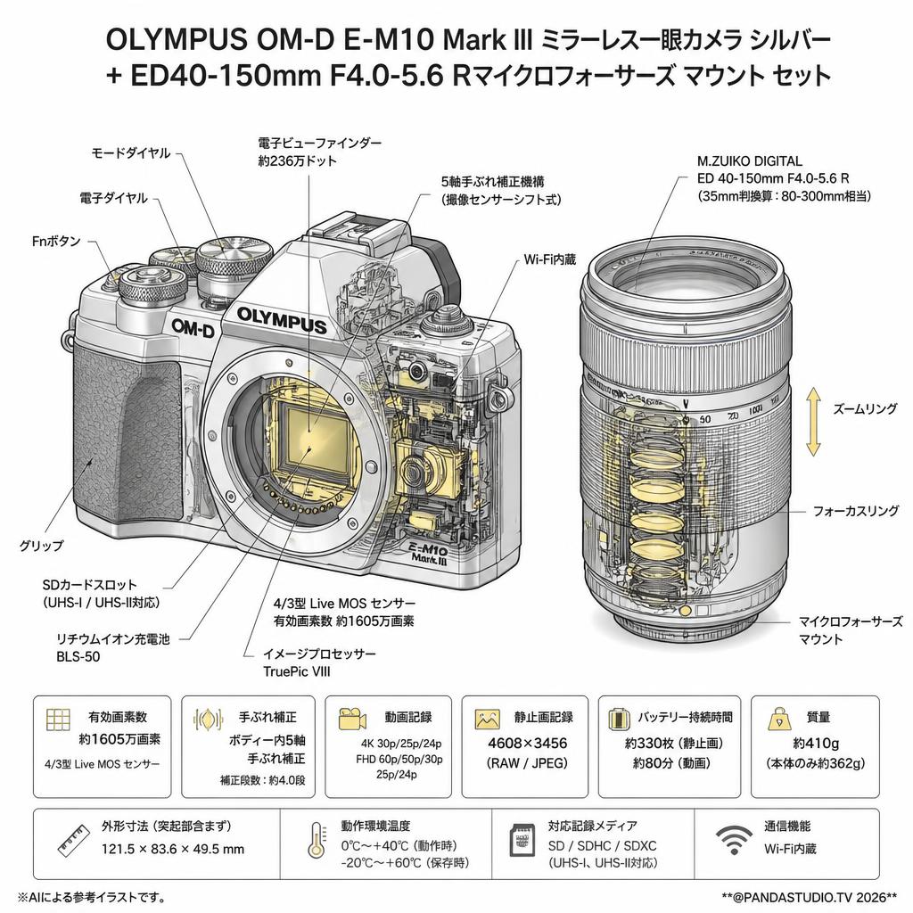 OLYMPUS OM-D E-M10 Mark III ミラーレス一眼カメラ シルバー + ED40-150mm F4.0-5.6 Rマイクロフォーサーズ マウント セット スペック