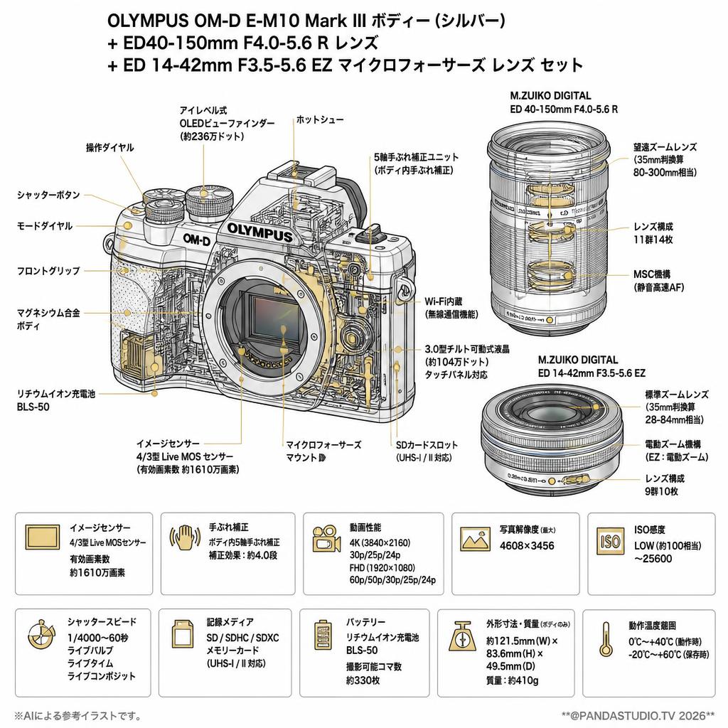 OLYMPUS OM-D E-M10 Mark III ボディー (シルバー) + ED40-150mm F4.0-5.6 R レンズ + ED 14-42mm F3.5-5.6 EZ マイクロフォーサーズ レンズ セット スペック