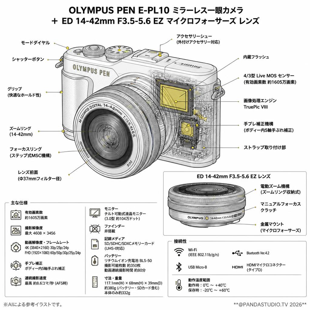 OLYMPUS PEN E-PL10ミラーレス一眼カメラ ＋ ED 14-42mm F3.5-5.6 EZ マイクロフォーサーズ レンズ スペック