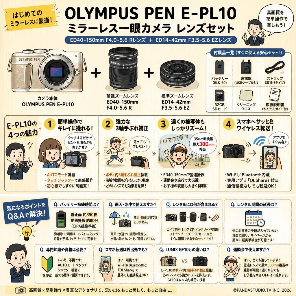 OLYMPUS PEN E-PL10ミラーレス一眼カメラ + ED40-150mm F4.0-5.6 R レンズ + ED 14-42mm F3.5-5.6 EZ マイクロフォーサーズ レンズ セット FAQ（よくある質問と答え）