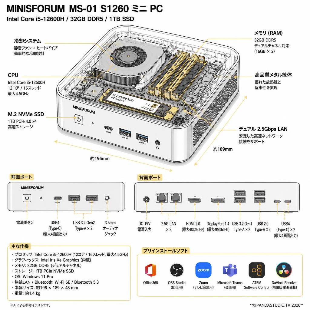 Minisforum  MS-01 S1260 ミニ PC （Intel Corei5-12600H,32GB RAM+1TB SSD)【 Office365 / 配信用OBS / テレビ会議用Zoom / Microsoft Teams / ATEM Software Control / 無償版 動画編集DaVinci Resolve インストール済】 スペック