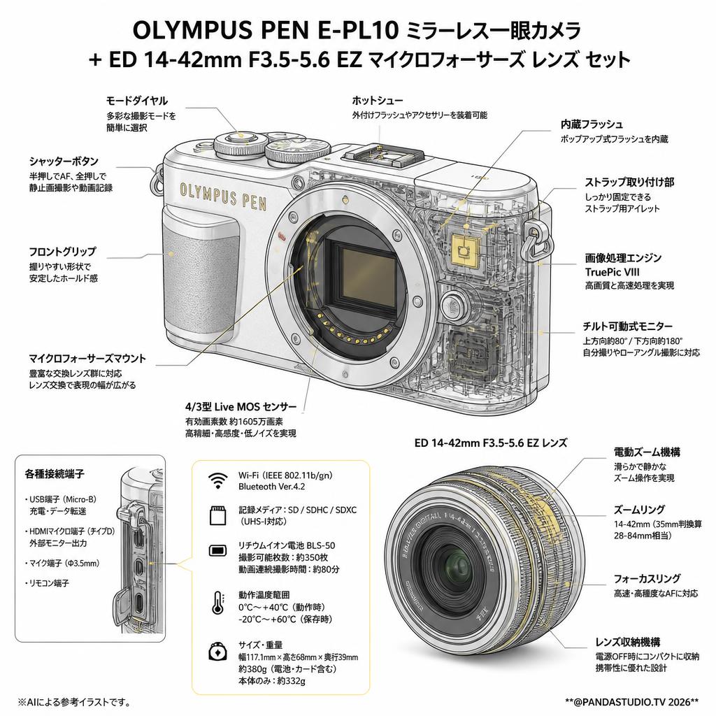 OLYMPUS PEN E-PL10ミラーレス一眼カメラ + ED 14-42mm F3.5-5.6 EZ マイクロフォーサーズ レンズ セット スペック