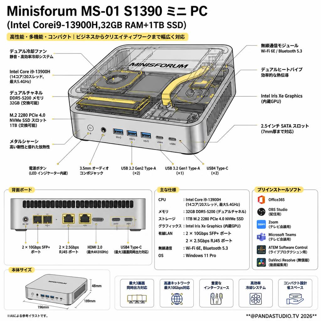 Minisforum  MS-01 S1390 ミニ PC （Intel Corei9-13900H,32GB RAM+1TB SSD)【 Office365 / 配信用OBS / テレビ会議用Zoom / Microsoft Teams / ATEM Software Control / 無償版 動画編集DaVinci Resolve インストール済】 スペック