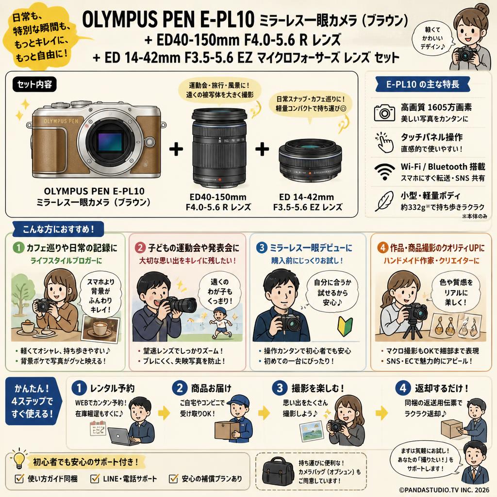 OLYMPUS PEN E-PL10ミラーレス一眼カメラ (ブラウン)  + ED40-150mm F4.0-5.6 R レンズ + ED 14-42mm F3.5-5.6 EZ マイクロフォーサーズ レンズ セット おもな対象のお客様