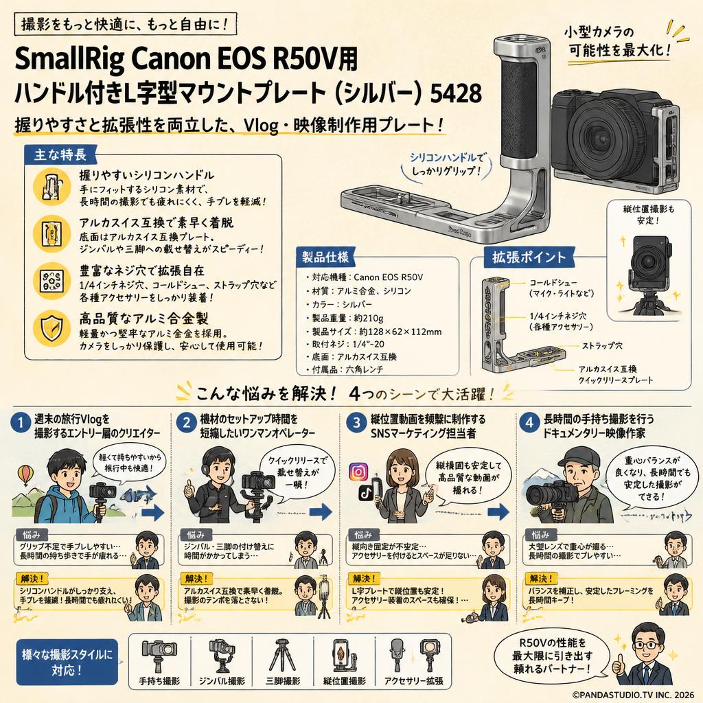 SmallRig Canon EOS R50V用ハンドル付きL字型マウントプレート (シルバー）5428 おもな対象のお客様