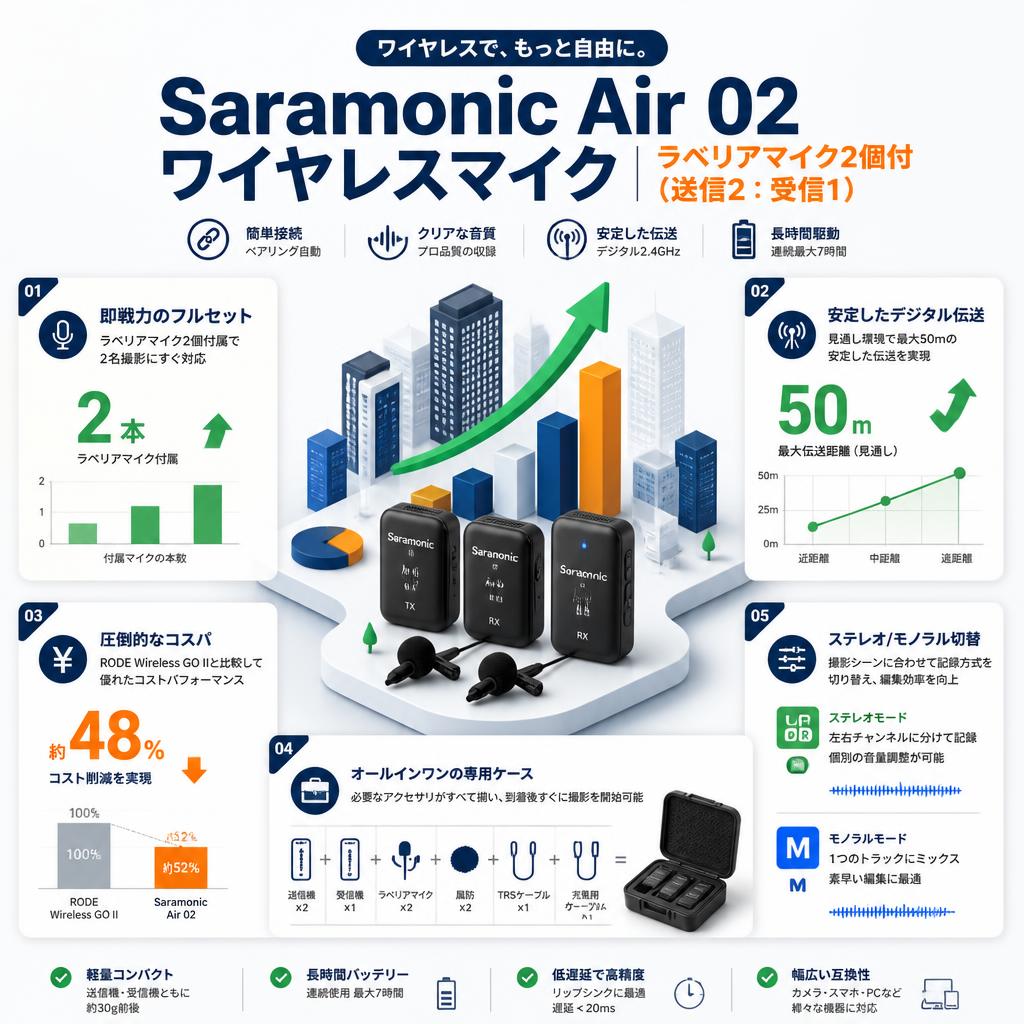 Saramonic Air 02 ワイヤレスマイク ラベリアマイク2個付（送信2：受信1） セールスポイント