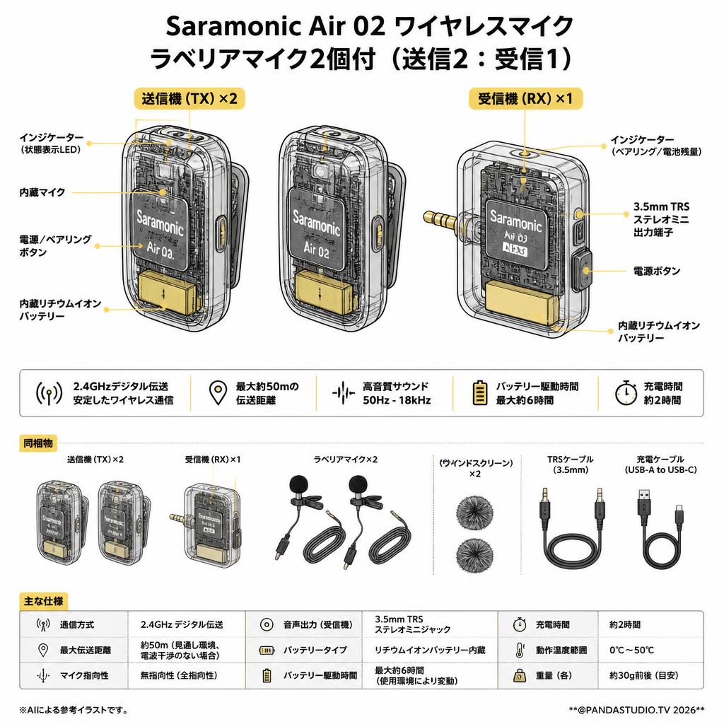 Saramonic Air 02 ワイヤレスマイク ラベリアマイク2個付（送信2：受信1） スペック
