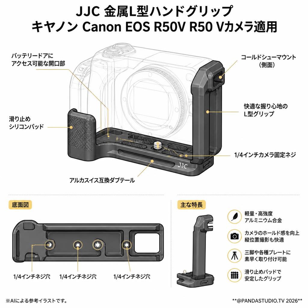 JJC 金属L型ハンドグリップ キヤノン Canon EOS R50V R50 Vカメラ適用 スペック