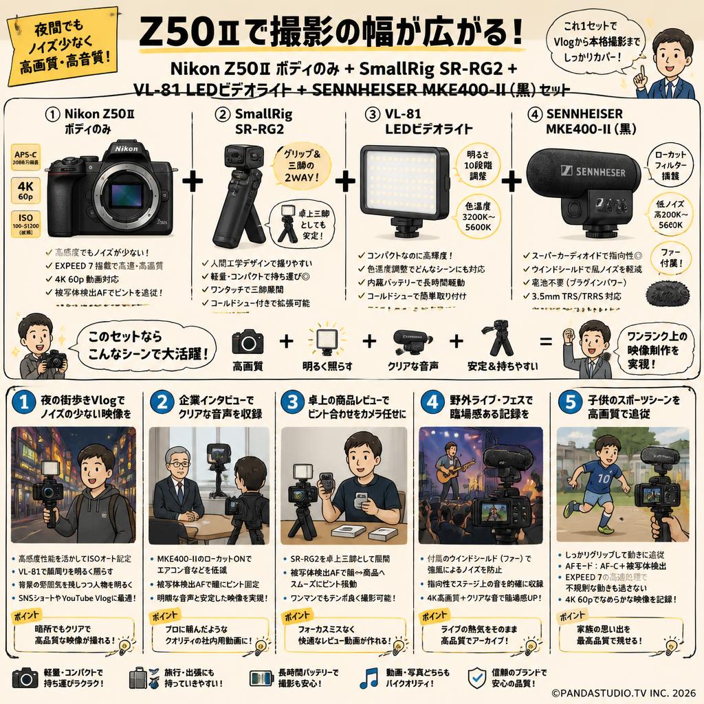 Nikon Z50Ⅱボディのみ + SmallRig SR-RG2 + VL-81 LEDビデオライト + SENNHEISER  MKE400 -II (黒)セット 用途