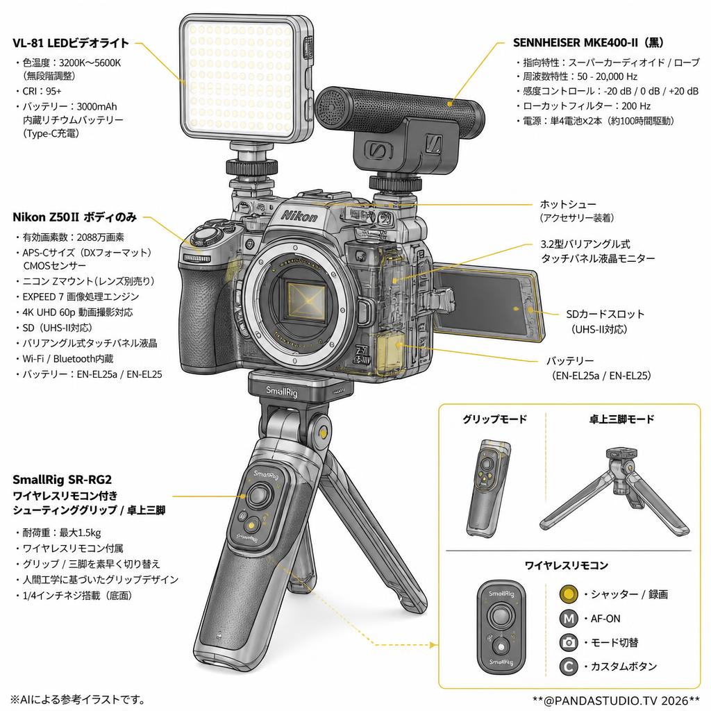 Nikon Z50Ⅱボディのみ + SmallRig SR-RG2 + VL-81 LEDビデオライト + SENNHEISER  MKE400 -II (黒)セット スペック