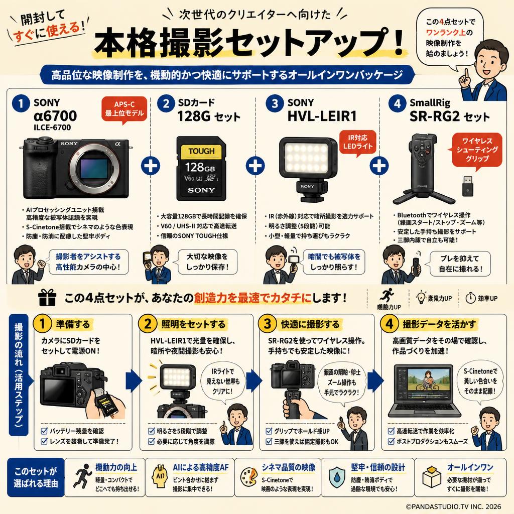 SONY α6700ILCE-6700 / SDカード 128G セット / SONY HVL-LEIR1 /  SmallRig SR-RG2 セット 概要