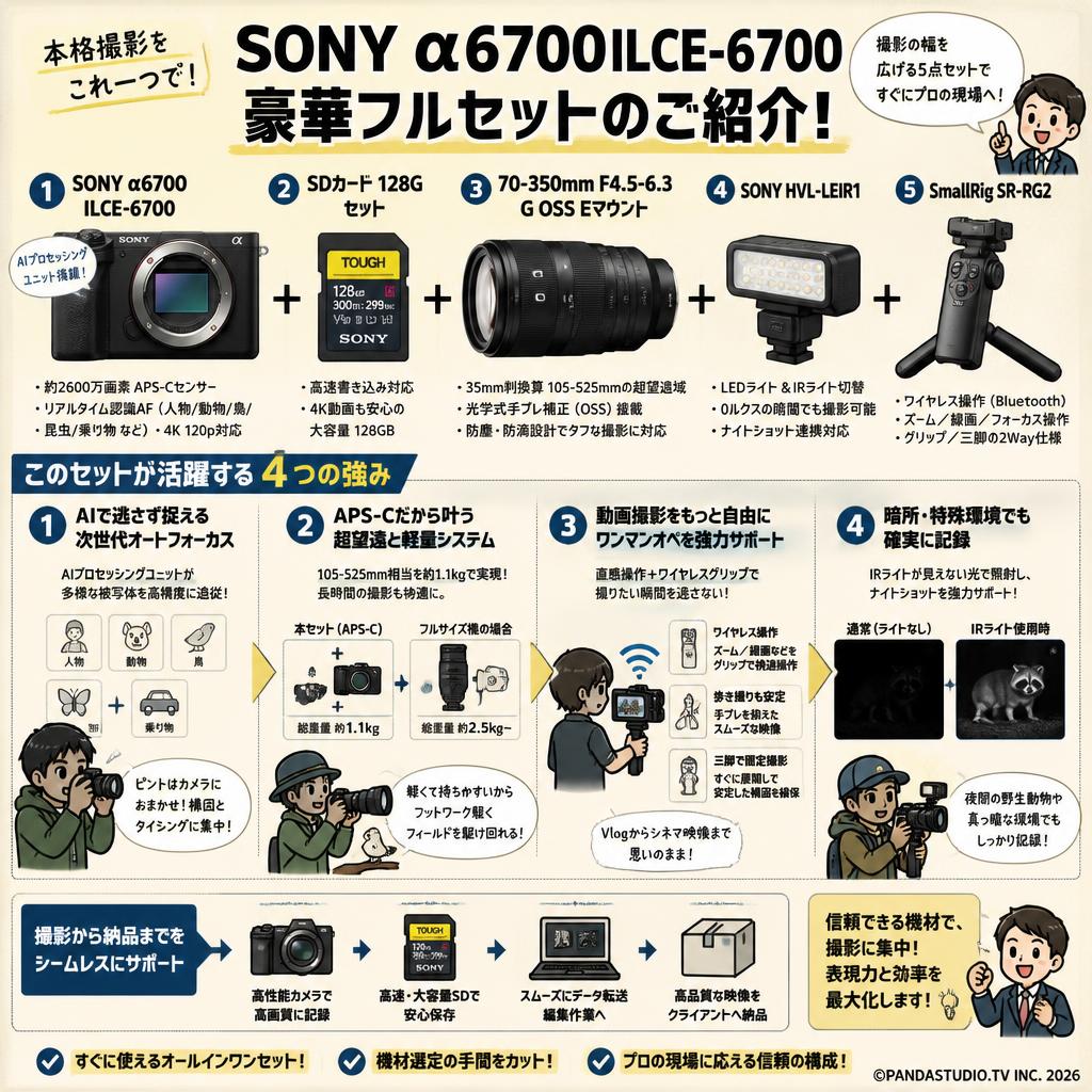 SONY α6700ILCE-6700 / SDカード 128G セット / 70-350mm F4.5-6.3 G OSS  Eマウント / SONY HVL-LEIR1 / SmallRig SR-RG2 セット 概要