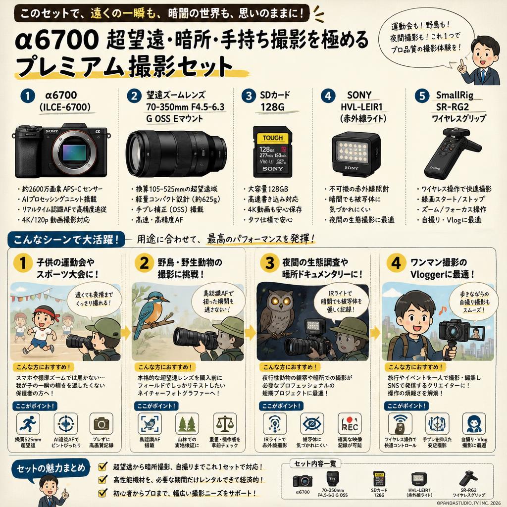 SONY α6700ILCE-6700 / SDカード 128G セット / 70-350mm F4.5-6.3 G OSS  Eマウント / SONY HVL-LEIR1 / SmallRig SR-RG2 セット おもな対象のお客様